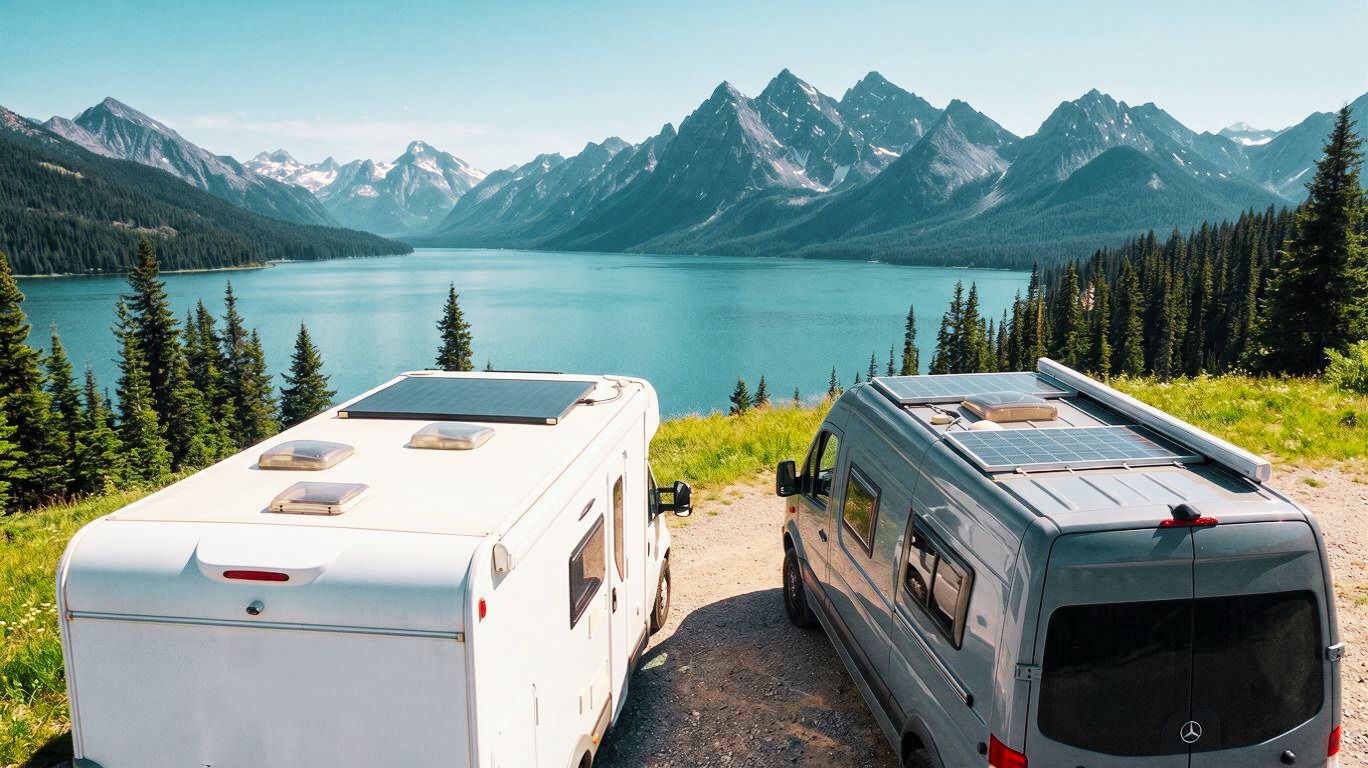Camper y autocaravana con placas solares en el techo junto a un lago de montaña